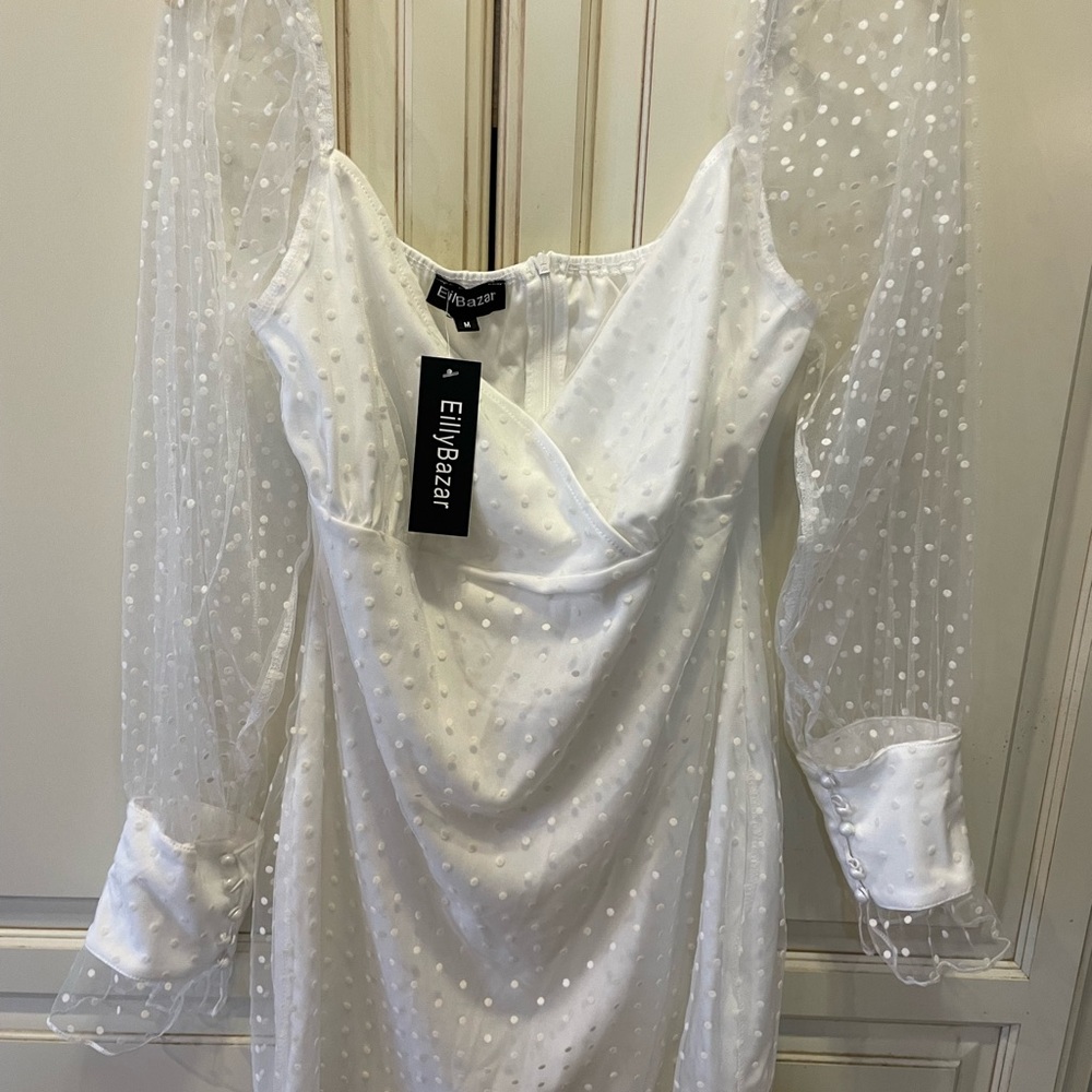 NWT Eilly Bazar Shein Mini Dress Size Small Dotted Swiss Sheer Sleeves